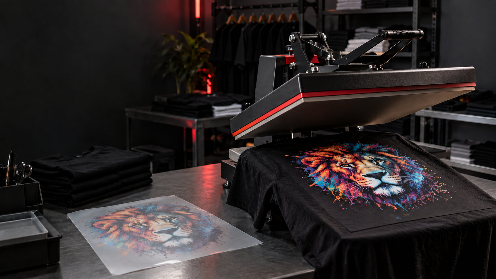 A full-color DTF transfer being heat pressed onto a black shirt
