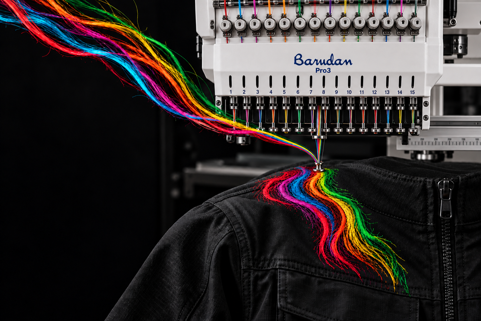 Barudan Pro 3 embroidery machine with its full 15-needle head and one active needle stitching colorful thread into a collarless black work jacket